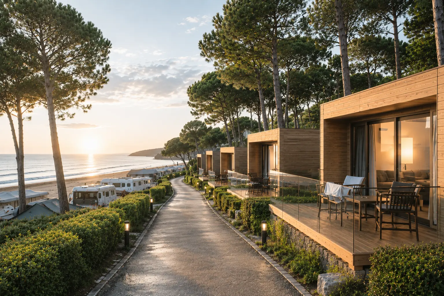 Bungalows premium junto al mar en un camping
